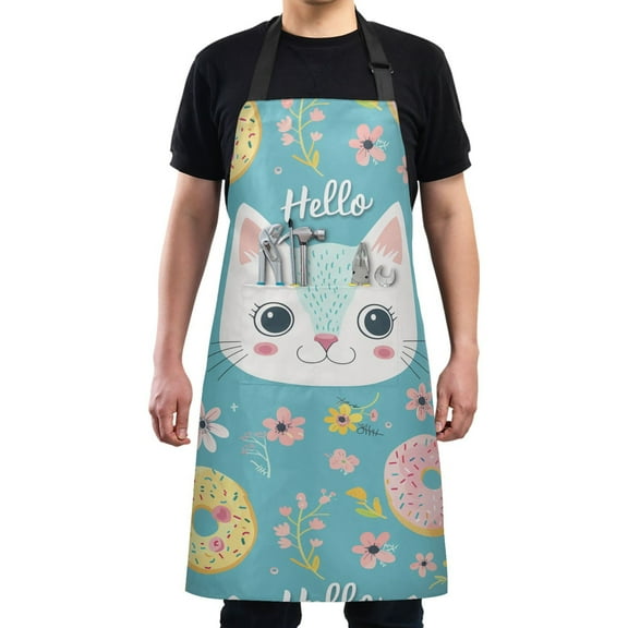 Kitchen Apron with 2 Pockets Adjustable waterproof Cooking Aprons for Women Men Chef Hello Cat Face
