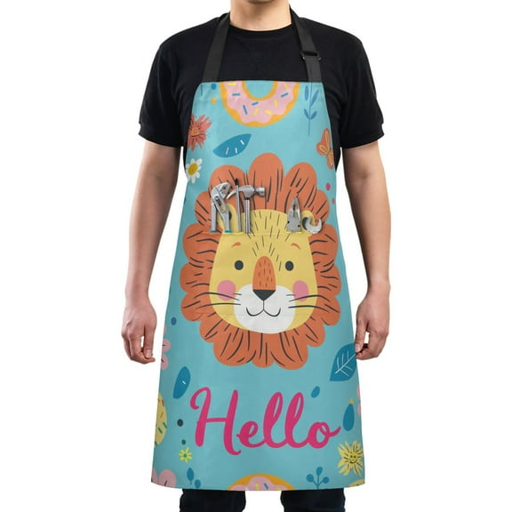 Kitchen Apron with 2 Pockets Adjustable waterproof Cooking Aprons for Women Men Chef Hello Lion Face