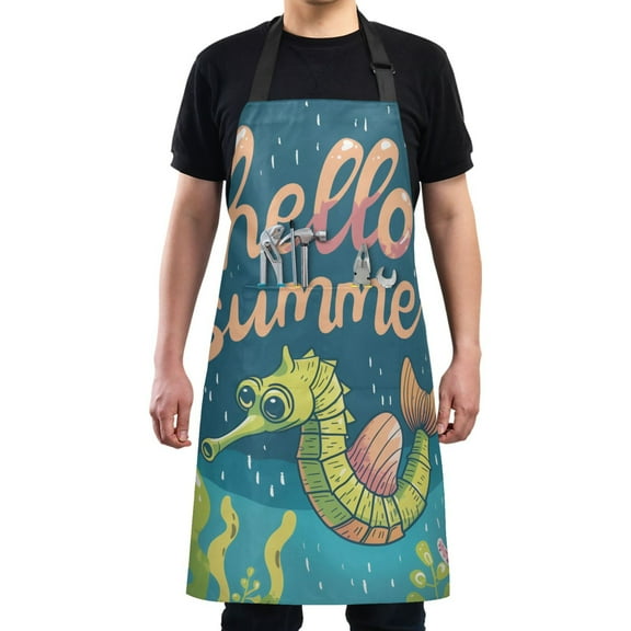 Kitchen Apron with 2 Pockets Adjustable waterproof Cooking Aprons for Women Men Chef Hello Summer Seahorses