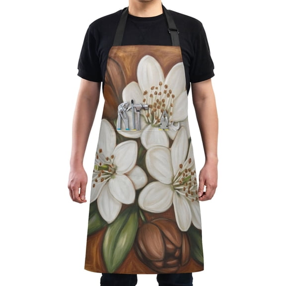 Kitchen Apron with 2 Pockets Adjustable waterproof Cooking Aprons for Women Men Chef Jasmine Flowers and Leaf