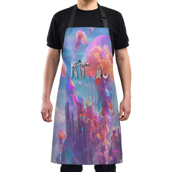 Kitchen Apron with 2 Pockets Adjustable waterproof Cooking Aprons for Women Men Chef Jellyfish Flying and Rainbow
