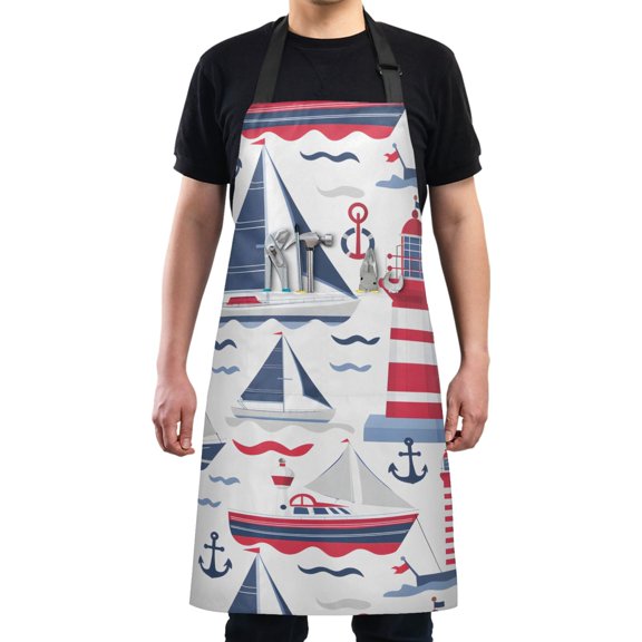 Kitchen Apron with 2 Pockets Adjustable waterproof Cooking Aprons for Women Men Chef Lighthouse Wave Ship