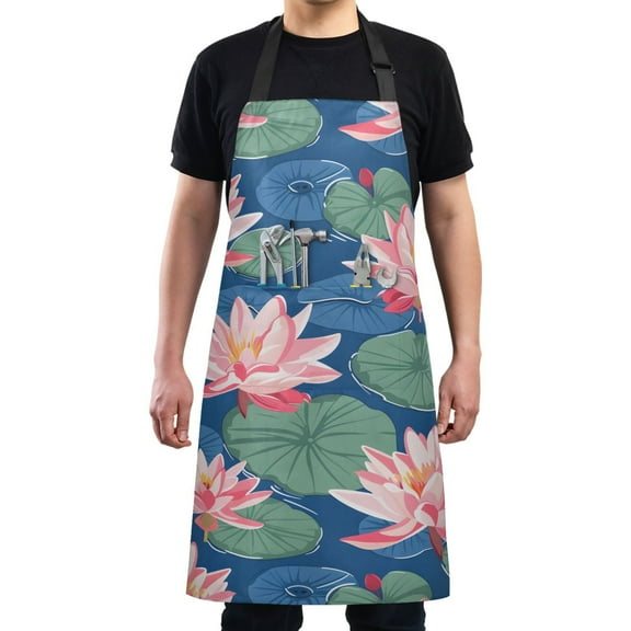 Kitchen Apron with 2 Pockets Adjustable waterproof Cooking Aprons for Women Men Chef Lily Flower and Lotus Leaf