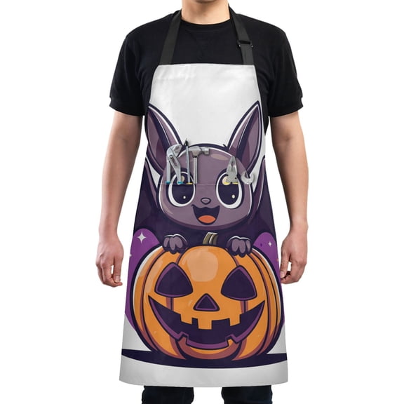 Kitchen Apron with 2 Pockets Adjustable waterproof Cooking Aprons for Women Men Chef Lovely Bat on Pumpkin