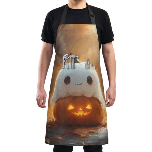 Kitchen Apron with 2 Pockets Adjustable waterproof Cooking Aprons for Women Men Chef Lovely Ghost on Pumpkin