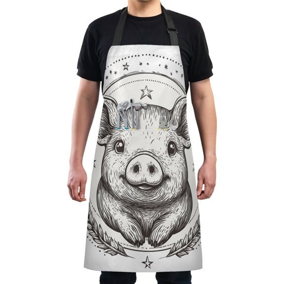 Kitchen Apron with 2 Pockets Adjustable waterproof Cooking Aprons for Women Men Chef Lovely Pig with Wheat
