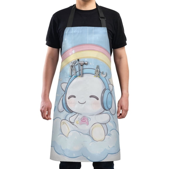 Kitchen Apron with 2 Pockets Adjustable waterproof Cooking Aprons for Women Men Chef Lovely Rabbit Rainbow Clouds Stars
