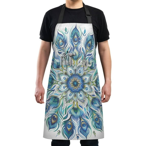 Kitchen Apron with 2 Pockets Adjustable waterproof Cooking Aprons for Women Men Chef Mandala Peacock Feathers