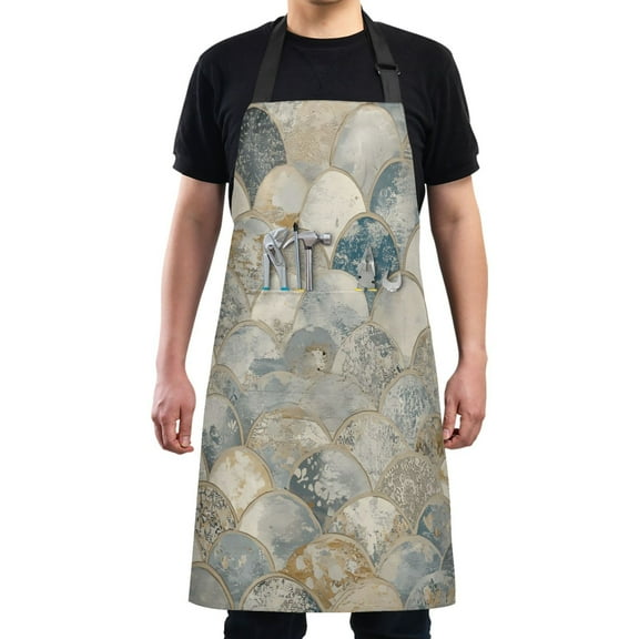 Kitchen Apron with 2 Pockets Adjustable waterproof Cooking Aprons for Women Men Chef Marble Fish Scale
