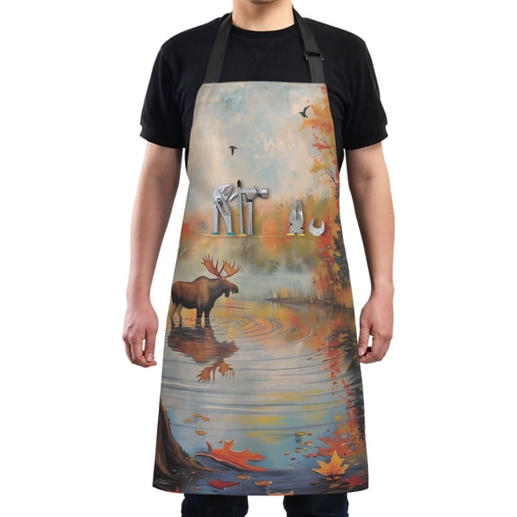 Kitchen Apron with 2 Pockets Adjustable waterproof Cooking Aprons for Women Men Chef Moose Standing in Water