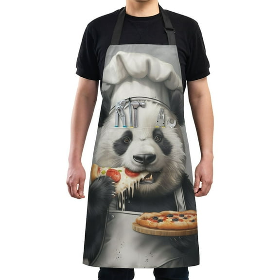 Kitchen Apron with 2 Pockets Adjustable waterproof Cooking Aprons for Women Men Chef Panda Chef Hold Pizza