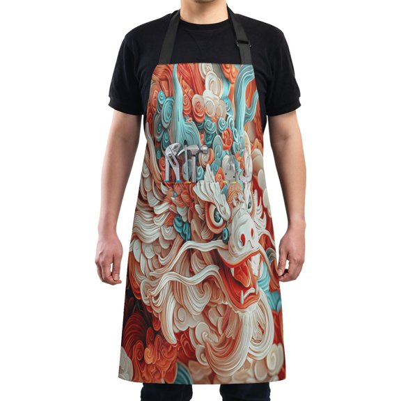 Kitchen Apron with 2 Pockets Adjustable waterproof Cooking Aprons for Women Men Chef Paper-cut Majestic Dragon