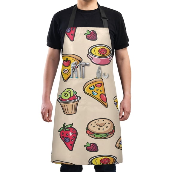 Kitchen Apron with 2 Pockets Adjustable waterproof Cooking Aprons for Women Men Chef Pizza Burger Strawberry Watermelon