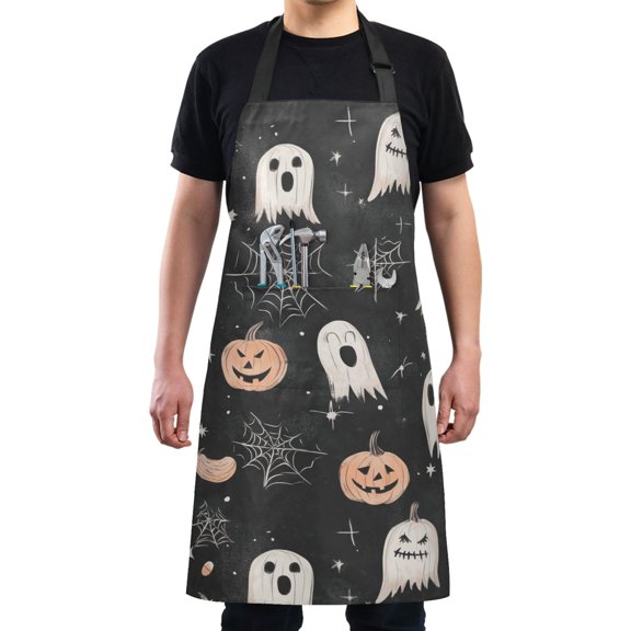 Kitchen Apron with 2 Pockets Adjustable waterproof Cooking Aprons for Women Men Chef Pumpkin Ghost Spiderweb