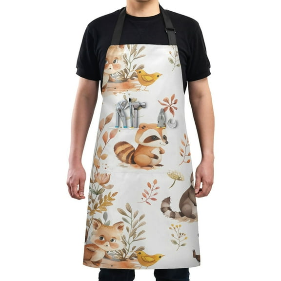Kitchen Apron with 2 Pockets Adjustable waterproof Cooking Aprons for Women Men Chef Raccoon Squirrel Duck