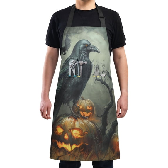 Kitchen Apron with 2 Pockets Adjustable waterproof Cooking Aprons for Women Men Chef Raven Bird and Pumpkins