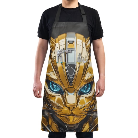 Kitchen Apron with 2 Pockets Adjustable waterproof Cooking Aprons for Women Men Chef Robot Cat Head