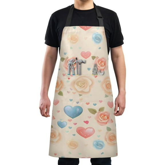 Kitchen Apron with 2 Pockets Adjustable waterproof Cooking Aprons for Women Men Chef Roses and Heart