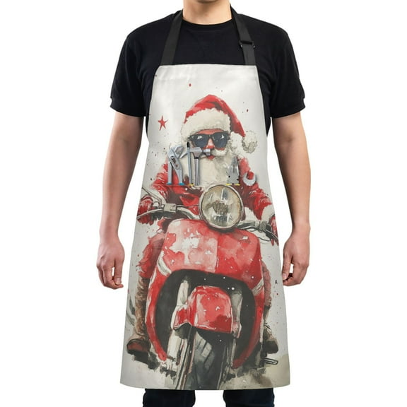 Kitchen Apron with 2 Pockets Adjustable waterproof Cooking Aprons for Women Men Chef Santa Claus Rides Motorcycle