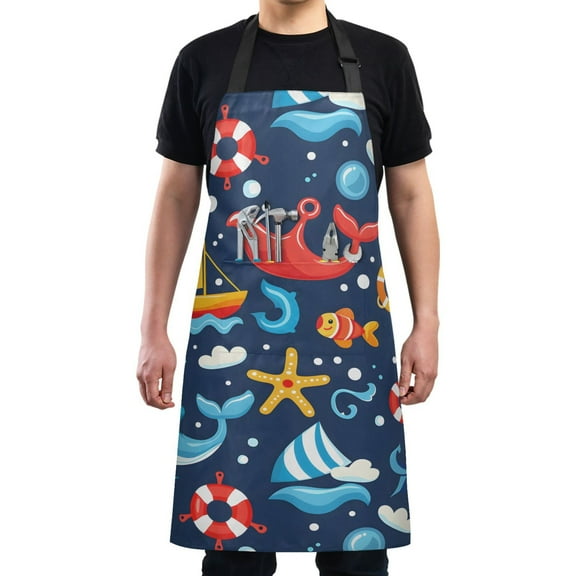 Kitchen Apron with 2 Pockets Adjustable waterproof Cooking Aprons for Women Men Chef Ship Starfish Fish Lifebuoy