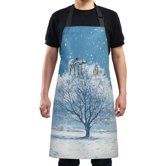 Kitchen Apron with 2 Pockets Adjustable waterproof Cooking Aprons for Women Men Chef Snow-covered Tree in Winter