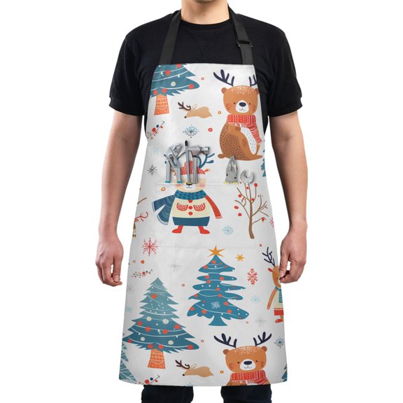 Kitchen Apron with 2 Pockets Adjustable waterproof Cooking Aprons for Women Men Chef Snowflakes Deer Bear Trees