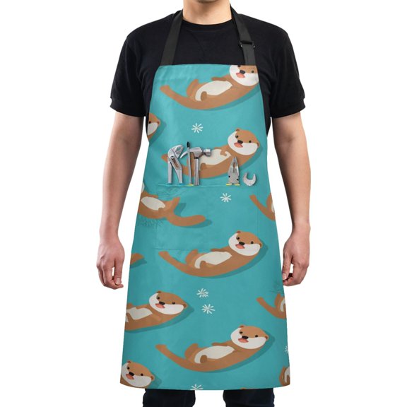 Kitchen Apron with 2 Pockets Adjustable waterproof Cooking Aprons for Women Men Chef Swims Sea Otter