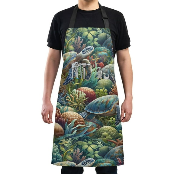 Kitchen Apron with 2 Pockets Adjustable waterproof Cooking Aprons for Women Men Chef Turtle Plants Coral