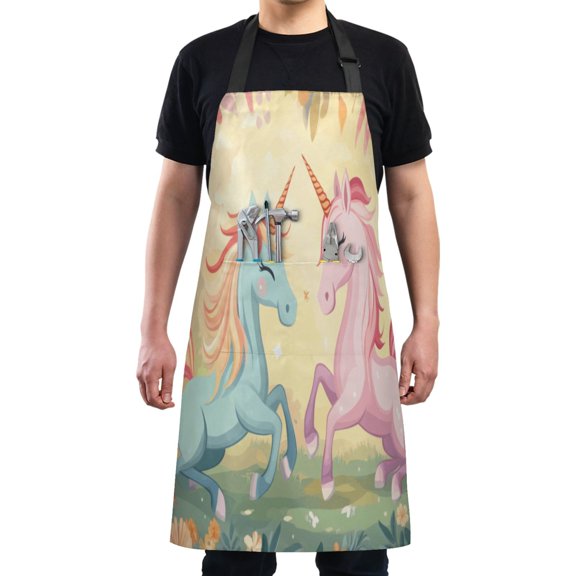 Kitchen Apron with 2 Pockets Adjustable waterproof Cooking Aprons for Women Men Chef Unicorns Playing in Garden