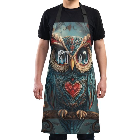 Kitchen Apron with 2 Pockets Adjustable waterproof Cooking Aprons for Women Men Chef Valentines Owl on Tree Branch
