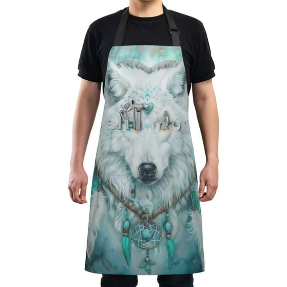 Kitchen Apron with 2 Pockets Adjustable waterproof Cooking Aprons for Women Men Chef Wolf with Heart Ring