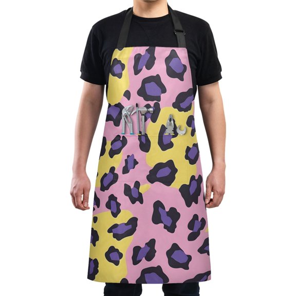 Kitchen Apron with 2 Pockets Adjustable waterproof Cooking Aprons for Women Men Chef Yellow Purple Leopard