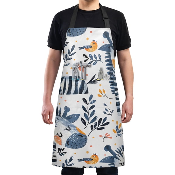 Kitchen Apron with 2 Pockets Adjustable waterproof Cooking Aprons for Women Men Chef Zebra Leaf Birds