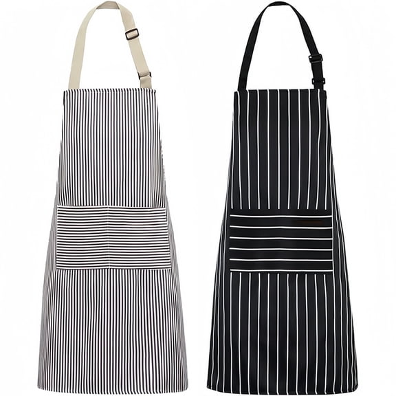 Kitchen Aprons 2 Pack, Adjustable Chef Apron with 2 Pockets, Black and Brown Stripes
