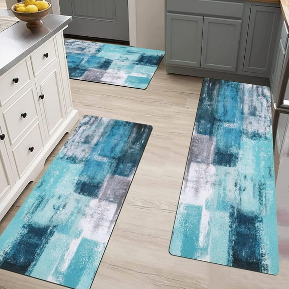 Kitchen Area Rug Sets 3 Piece with Runner Farmhouse Waterproof Non Skid Washable Cushioned Floor Mat for Hallway Kitchen Laundry Room, Turquoise
