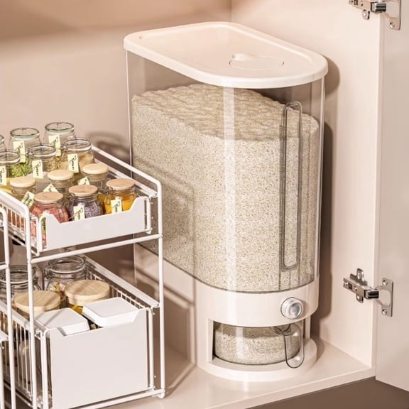 Kitchen Arrangement Essential, 17X12X16 Inch Rice Storage Unit, Automatic Press-Type Grain Dispenser, Clear Airtight Cereal Storage Container, Pantry Organizer for Rice and Dry