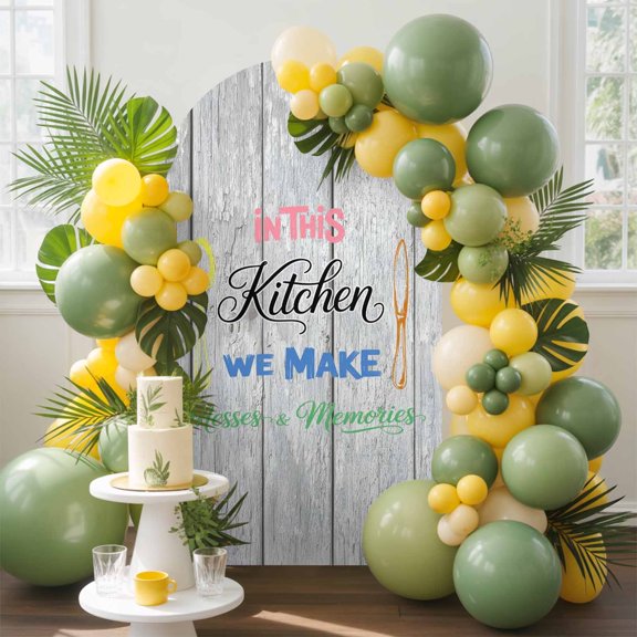 Kitchen Art Arch Backdrop Cover, 4FT, Art Spoon Knife Distressed Gray Wood Grain Spandex Arch Covers Double-Sided Backdrop for Wedding Birthday Party Photo Background Decoration