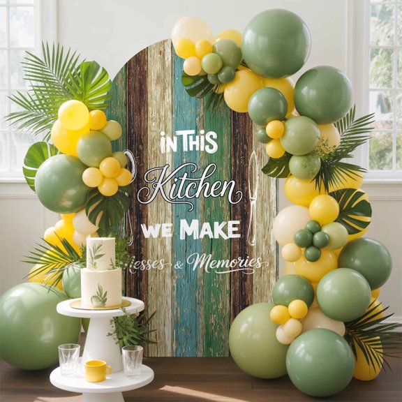 Kitchen Art Arch Backdrop Cover, 4FT, Spoon Knife Distressed Green Blue Wood Grain Stripes Spandex Arch Covers Double-Sided Backdrop for Wedding Birthday Party Photo Background Decoration