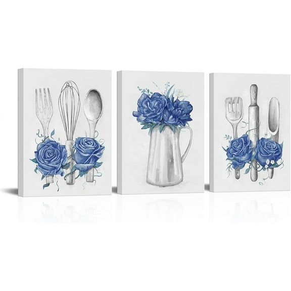 Kitchen Art Blue Kitchen Decor Painting Framed Ready to Hang 12x16inchx3Pieces (Deep Blue)