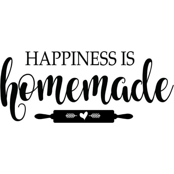 Kitchen Art Lettering Quotes Vinyl Home Wall Decal - Happiness Is Homemade | 8" x 20" Adhesive Pantry Cooking And Baking Area Decor Design Removable Decoration Sticker - Black