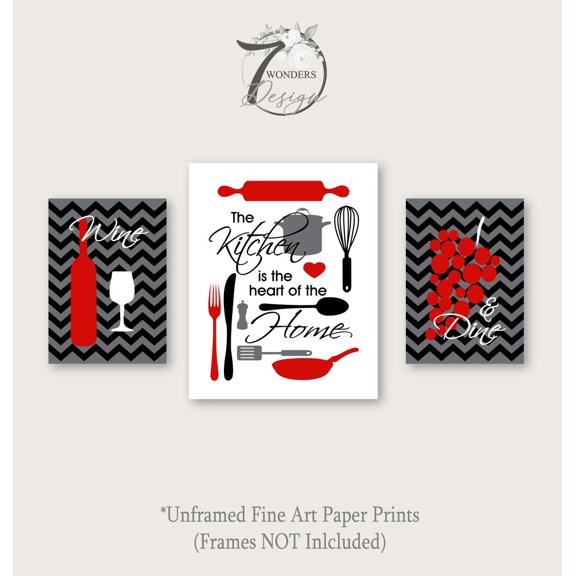 Kitchen Art Prints The Kitchen is the Heart of the Home Utensils, Wine and Dine Wall Art Black, Red Gray UNGiclee Prints, Poster Only