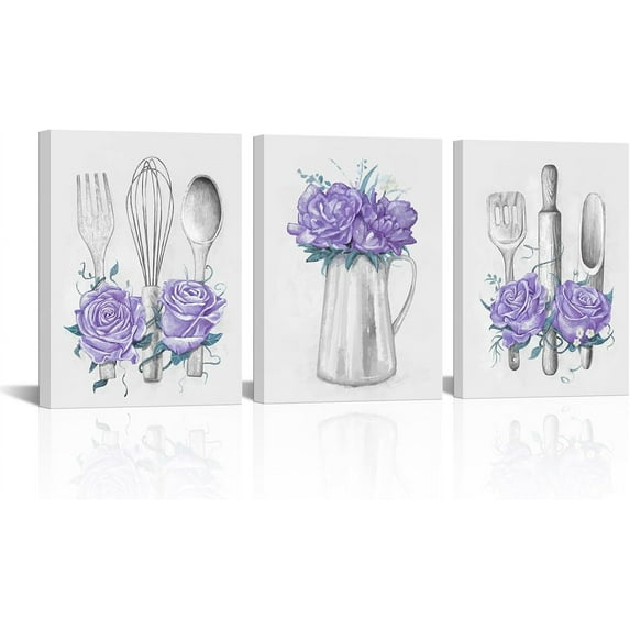 Kitchen Art Purple Kitchen Decor Painting Framed Ready to Hang 12x16inchx3Pieces (Purple)