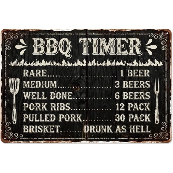 Kitchen BBQ Timer Vintage Metal Tin Sign, 12x8 Inch Barbecue Timer Retro Art Sign Funny Grilling Lover Decor Gifts Plaque for Kitchen Home Bar Cafe Pubs Restaurant Backyard Wall Poster