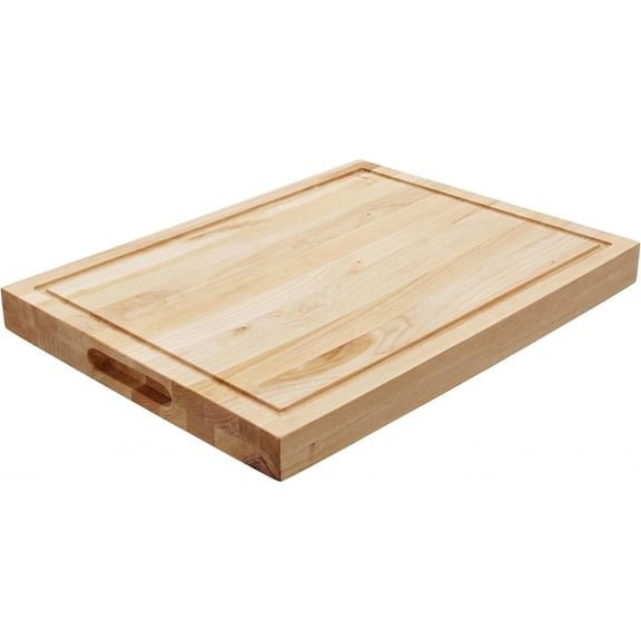 Kitchen, BBQ, and charcuterie cutting board: maple wood, natural color, reversible with juice groove and smooth side, 1.5 in. thick butcher block style with built-in handles