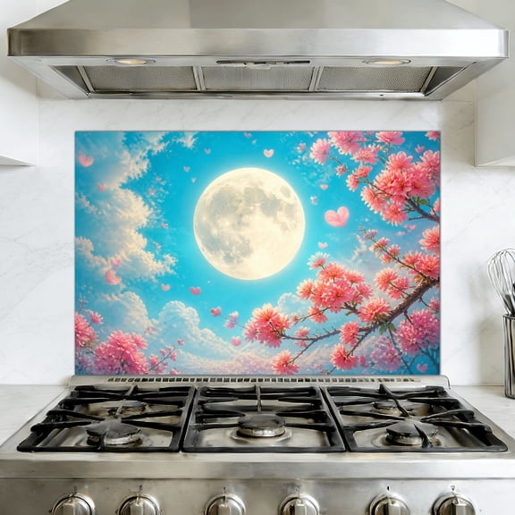 Kitchen Backsplash Peel and Stick Murals Acoustical Decorative Cherry Blossom Tree Blue Sky Sun Flower Petals 35.4"W x 23.6"H, Oil Proof Removable Vinyl Wallpaper for Fireplace & Behind Stove