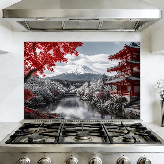 Kitchen Backsplash Peel and Stick Murals Black White Pop Red Japanese Temple Autumn Fall Landscape Mount Maple 35.4"W x 23.6"H, Oil Proof Removable Vinyl Wallpaper for Fireplace & Behind Stove