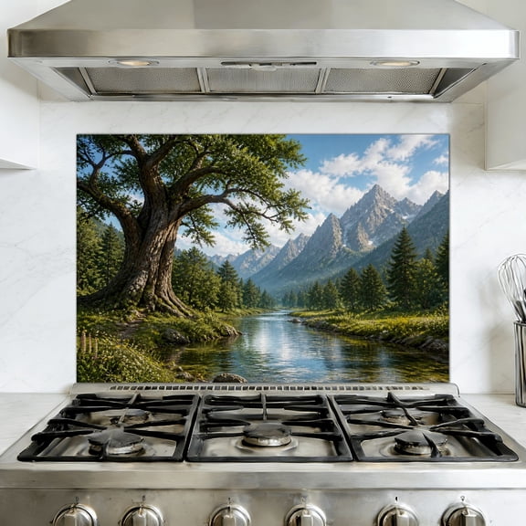 Kitchen Backsplash Peel and Stick Murals Blue Tree Forest Landscape Rustic Nature River Retro Trees Lake Removable Mural 35.4"W x 23.6"H, Oil Proof Vinyl Wallpaper for Fireplace & Behind Stove