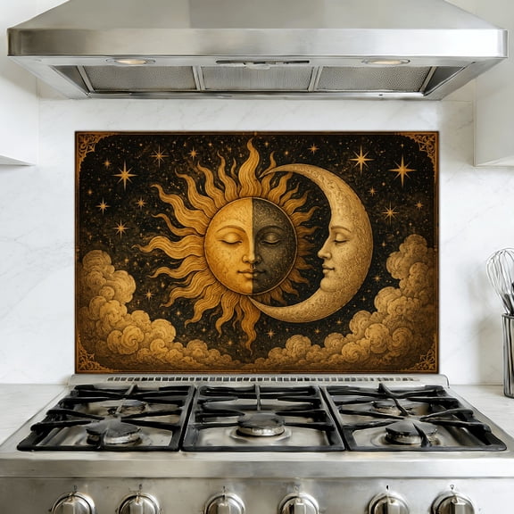 Kitchen Backsplash Peel and Stick Murals Celestial Gothic Dark Brown Yellow Sun Moon Star Vintage Night Sky Sun 35.4"W x 23.6"H, Oil Proof Removable Vinyl Wallpaper for Fireplace & Behind Stove