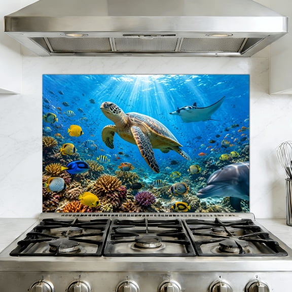 Kitchen Backsplash Peel and Stick Murals Ocean Water Sea Turtle Coral Reef Fish Rays Underwater Scenery Removable Mural 35.4"W x 23.6"H, Oil Proof Vinyl Wallpaper for Fireplace & Behind Stove