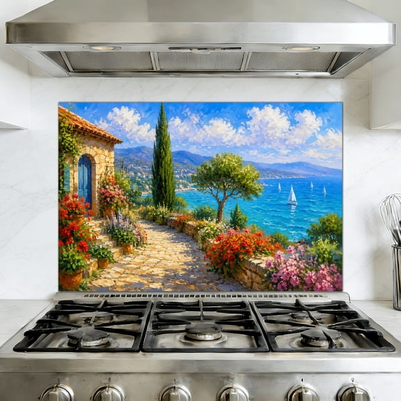 Kitchen Backsplash Peel and Stick Wall Mural Mediterranean Coastal Path Colorful Flowers Sailboats Removable Mural 35.4"W x 23.6"H, Oil Proof Vinyl Wallpaper for Fireplace & Behind Stove